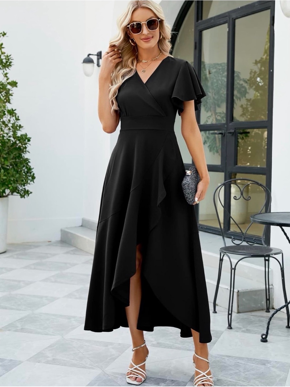 Black V-Neck High-Low Ruffle Maxi Dress - Picture 6 of 6